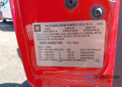 2006 Chevrolet Silverado 1500 Work Truck from USA, damaged, VIN 3GCEC14X86G271953